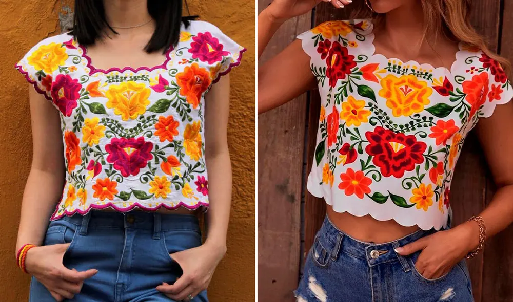 A la izquierda, la prenda con diseños mayas confeccionada en 2017. A la derecha, la blusa de la marca china Shein. Foto: composición LR/El País/Mexicoacolores/Shein A la izquierda, la prenda con diseños mayas confeccionada en 2017. A la derecha, la blusa de la marca china Shein. Foto: composición LR/El País/Mexicoacolores/Shein