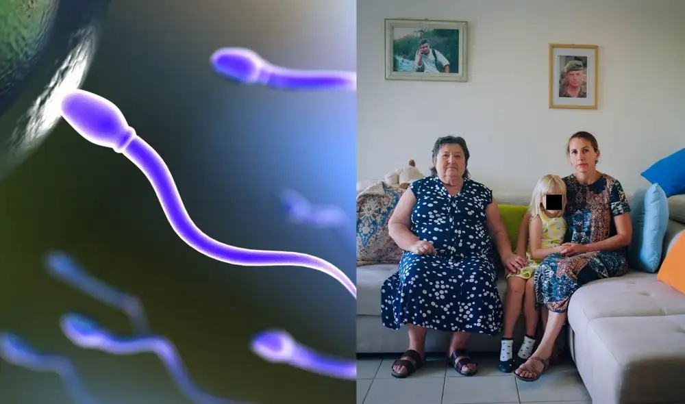 Irena Akselrod (derecha), madre de la menor (medio) que es hija del soldado enmarcado detrás, German Rozhkov, muerto en batalla. Foto: composición LR/referencial/Bloomberg.