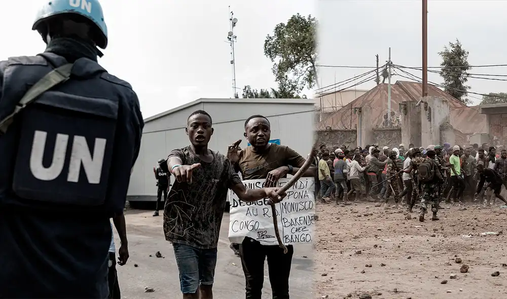 Manifestantes bloquearon vías y quemaron llantas cerca de la sede de la ONU en la República Democrática del Congo. Foto: composición/LR/AFP Manifestantes bloquearon vías y quemaron llantas cerca de la sede de la ONU en la República Democrática del Congo. Foto: composición/LR/AFP