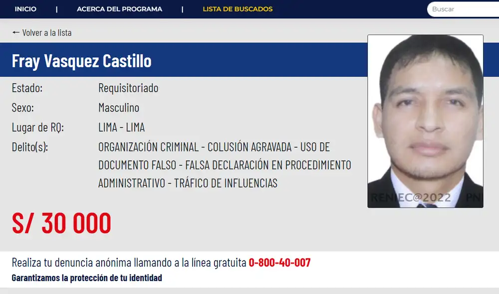 El programa de recompensas del Mininter ahora ofrece 30.000 soles por datos sobre el paradero de Vásquez Castillo. Foto: Captura Mininter