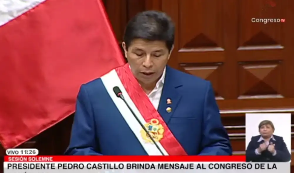 El presidente Pedro Castillo brinda su mensaje a la nación en el Congreso. Foto: Congreso.