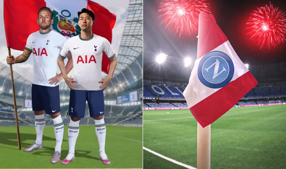 Kane, Son y la bandera peruana en el Estadio Diego Maradona de Napoli fueron protagonistas de los saludos para el Perú. Foto: Composición/Tottenham/Napoli Kane, Son y la bandera peruana en el Estadio Diego Maradona de Napoli fueron protagonistas de los saludos para el Perú. Foto: Composición/Tottenham/Napoli