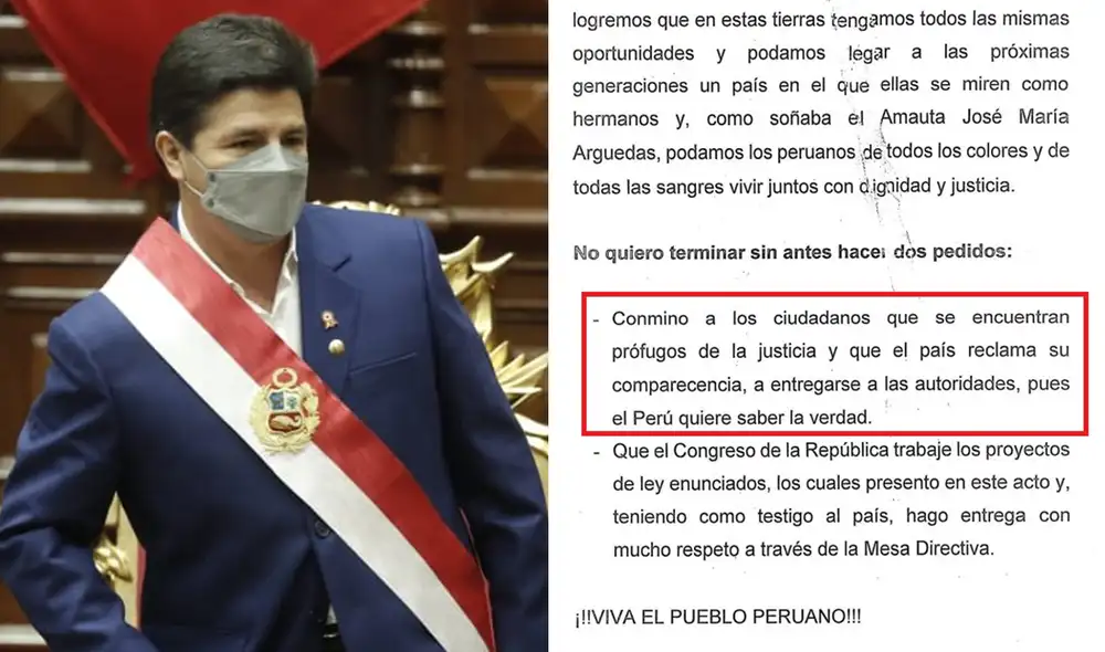 En la parte final de su discurso, Pedro Castillo tenía previsto exhortar a los prófugos de la justicia a entregarse a las autoridades. Foto: Antonio Melgarejo/composición LR