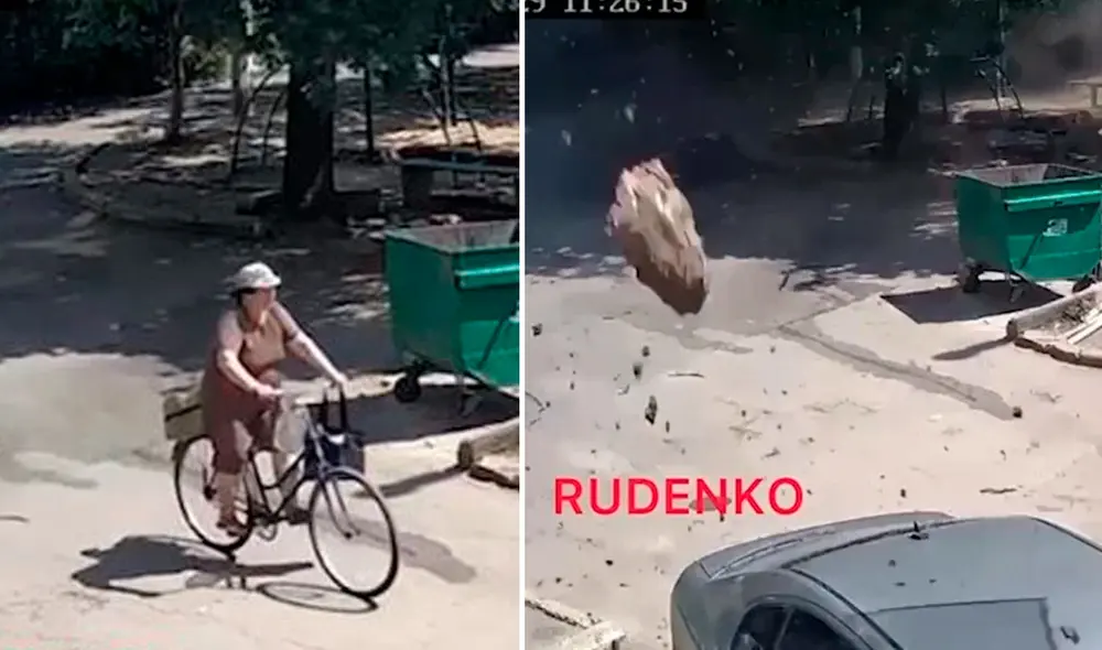 Los restos de un edificio saltaron por los aires segundos después que pasara la mujer. Foto: captura Clarín Los restos de un edificio saltaron por los aires segundos después que pasara la mujer. Foto: captura Clarín