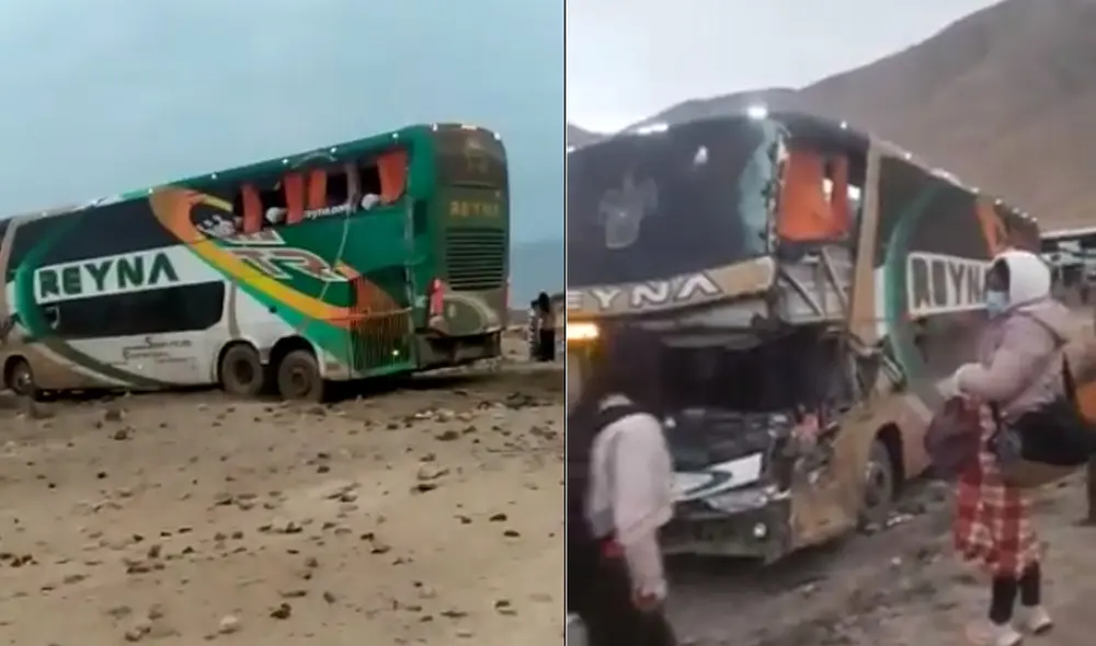 Bus de la empresa Reyna terminó con la parte delantera destruida. Foto: Captura Chala TV