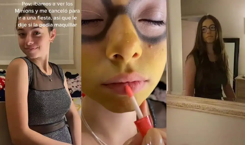 La muchacha terminó con el rostro maquillado para parecerse a un minion. Foto: composición LR/ captura de TikTok/ @aprileyes__