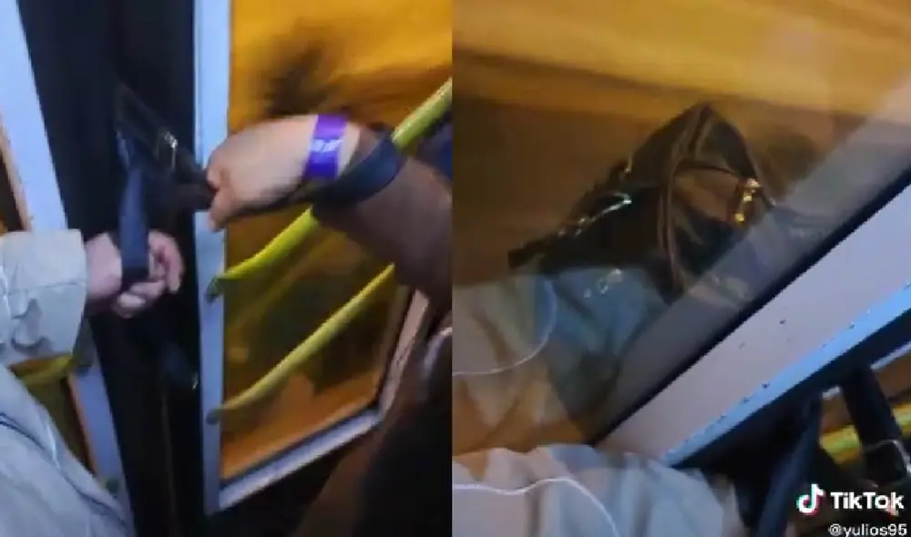 La cartera de la joven quedó atorada en la puerta y ella sujetó fuertemente de ella para no perderla. Foto: composición LR/ captura de TikTok/ @yulios95 La cartera de la joven quedó atorada en la puerta y ella sujetó fuertemente de ella para no perderla. Foto: composición LR/ captura de TikTok/ @yulios95