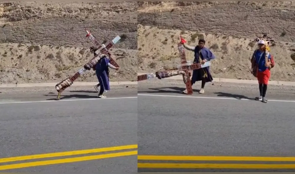 En Tik Tok se viralizó un vídeo donde se observa a dos devotos del Señor Cautivo que se dirigen a pie desde Tacna a Ayabaca. Foto: captura de vídeo/Miguel Zamora-Tik Tok