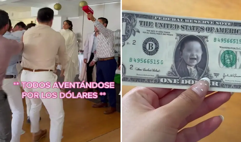 La grabación mostró a los invitados muy entusiasmados por atrapar algunos de estos singulares billetes. Foto: composición LR/captura de TikTok/@zyanya_torres02
