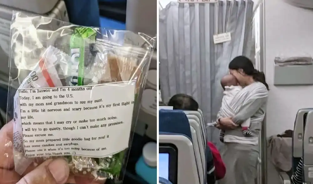 La mujer de nacionalidad coreana pasó por los asientos de cada pasajero para entregarles una pequeña bolsita. Foto: composición LR/captura de YouTube/Liry Onni