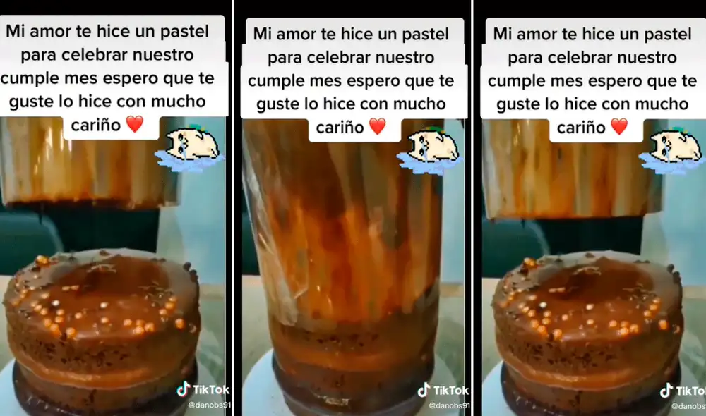 ‘El pastel se derritió de tanto amor’, comentaron algunos usuarios en la publicación. Foto: composición LR/captura de TikTok/@Danobs91 ‘El pastel se derritió de tanto amor’, comentaron algunos usuarios en la publicación. Foto: composición LR/captura de TikTok/@Danobs91