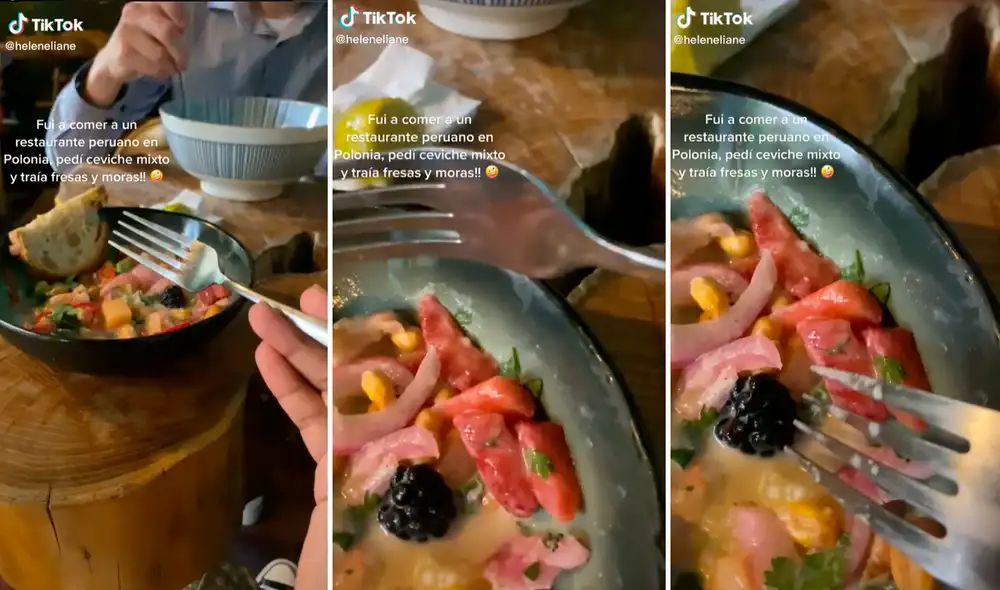 Usuarios cuestionaron la forma de preparar el emblemático ceviche peruano. Foto: composición LR/captura de TikTok/@Heleneliane