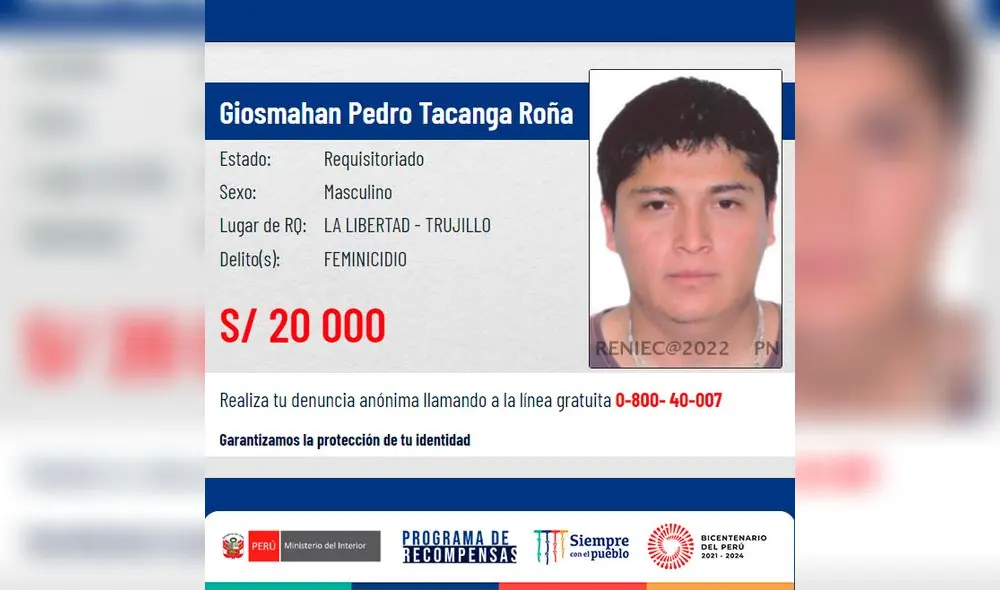 Pedro Tacanga se encuentra prófugo desde el último 22 de mayo. Foto: Ministerio del Interior Pedro Tacanga se encuentra prófugo desde el último 22 de mayo. Foto: Ministerio del Interior
