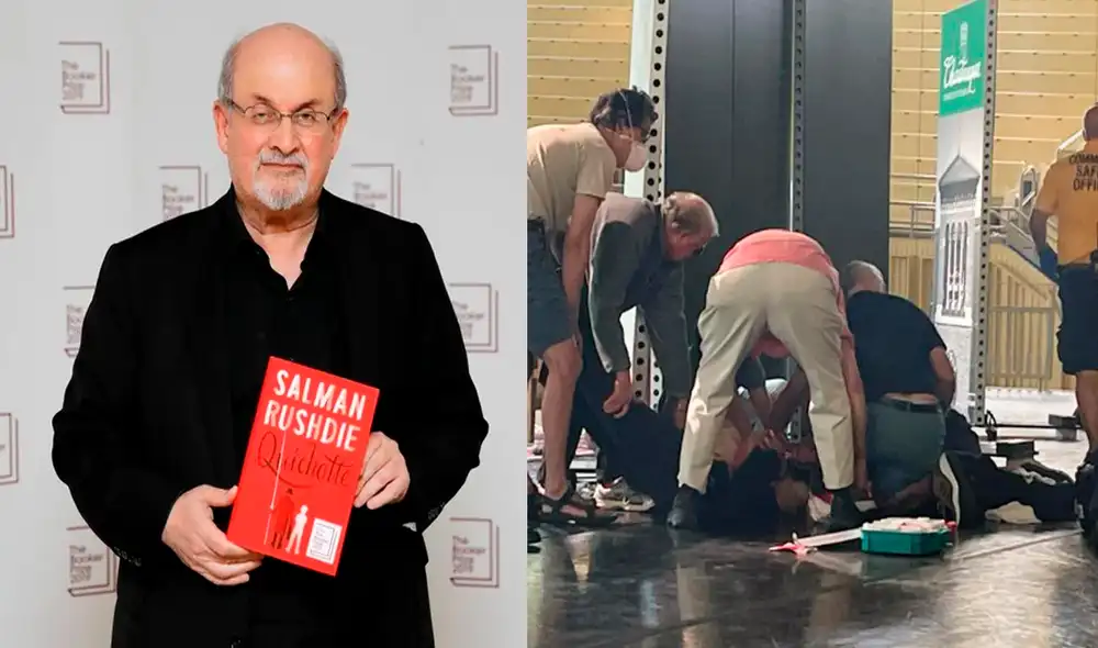 El escritor Salman Rushdie fue atacado este viernes sobre el escenario cuando participaba en un acto en Chautauqua, una localidad del oeste del estado de Nueva York. Foto: composición/New York Post El escritor Salman Rushdie fue atacado este viernes sobre el escenario cuando participaba en un acto en Chautauqua, una localidad del oeste del estado de Nueva York. Foto: composición/New York Post