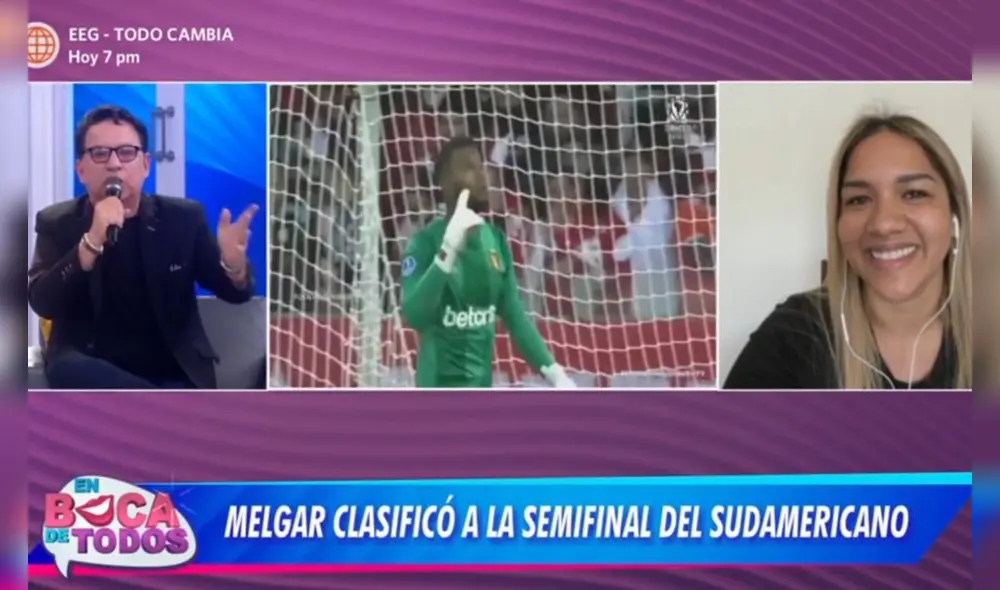 Francesca Carranza, esposa de Carlos Cáceda, celebró el triunfo de Melgar ante Internacional de Brasil. Foto: América TV Francesca Carranza, esposa de Carlos Cáceda, celebró el triunfo de Melgar ante Internacional de Brasil. Foto: América TV