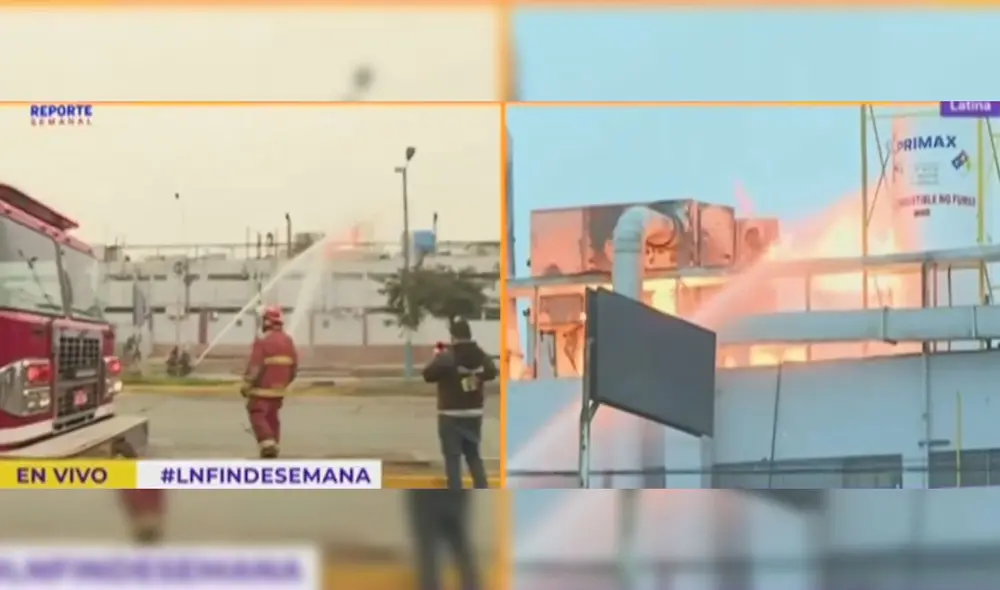 Incendio se produjo en laboratorio mientras una cisterna abastecía de GLP a dicha empresa. Foto: captura Latina Incendio se produjo en laboratorio mientras una cisterna abastecía de GLP a dicha empresa. Foto: captura Latina