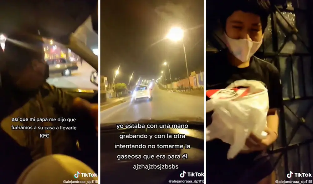 A bordo de su vehículo, el padre condujo hasta la casa de la pareja de hija para entregarle lo que compraron en KFC. Foto: composición LR/TikTok/@alejandraaa_dp1115