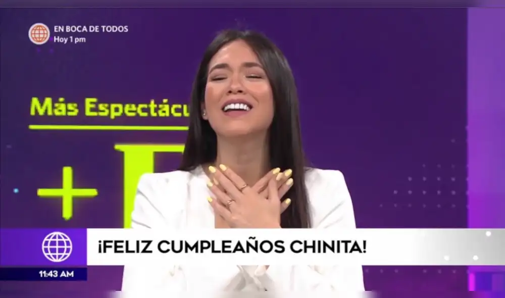 La conductora de "Más Espectáculos", Jazmín Pinedo, no pudo evitar derramar algunas lágrimas por los saludos de cumpleaños que recibió. Foto: captura América TV. La conductora de "Más Espectáculos", Jazmín Pinedo, no pudo evitar derramar algunas lágrimas por los saludos de cumpleaños que recibió. Foto: captura América TV.