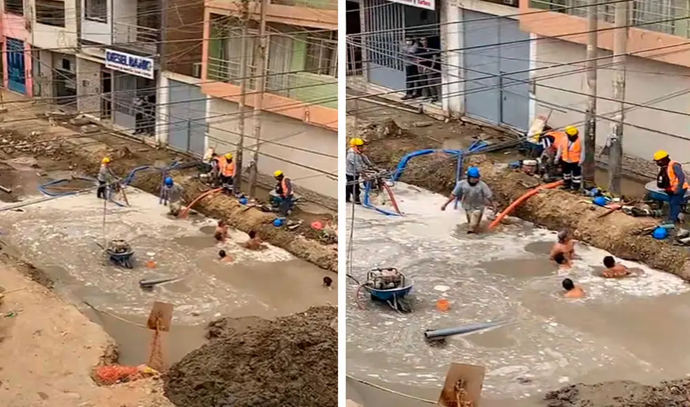 Al parecer, los trabajadores aprovecharon unos minutos para refrescarse en el agua que estaba en un improvisado hoyo. Foto: composición LR/TikTok/@WhoIsJuanJosé.0 Al parecer, los trabajadores aprovecharon unos minutos para refrescarse en el agua que estaba en un improvisado hoyo. Foto: composición LR/TikTok/@WhoIsJuanJosé.0