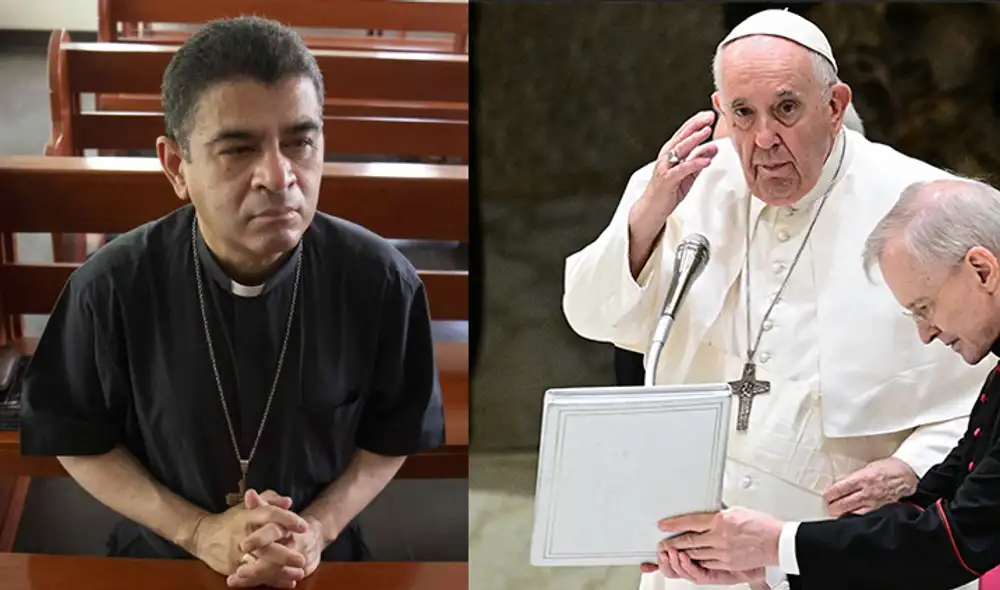 "Sigo de cerca con preocupación y dolor la situación creada en Nicaragua, que implica a personas e instituciones," dijo el papa Francisco tras la detención del obispo Rolando Álvarez. Foto: composición/EFE/AFP "Sigo de cerca con preocupación y dolor la situación creada en Nicaragua, que implica a personas e instituciones," dijo el papa Francisco tras la detención del obispo Rolando Álvarez. Foto: composición/EFE/AFP
