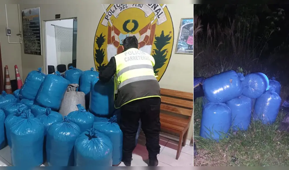 La Policía observó a un costado de la carretera los arbustos que contenían diversos paquetes de bolsas de plástico de color azul. Foto: Cusco en Portada