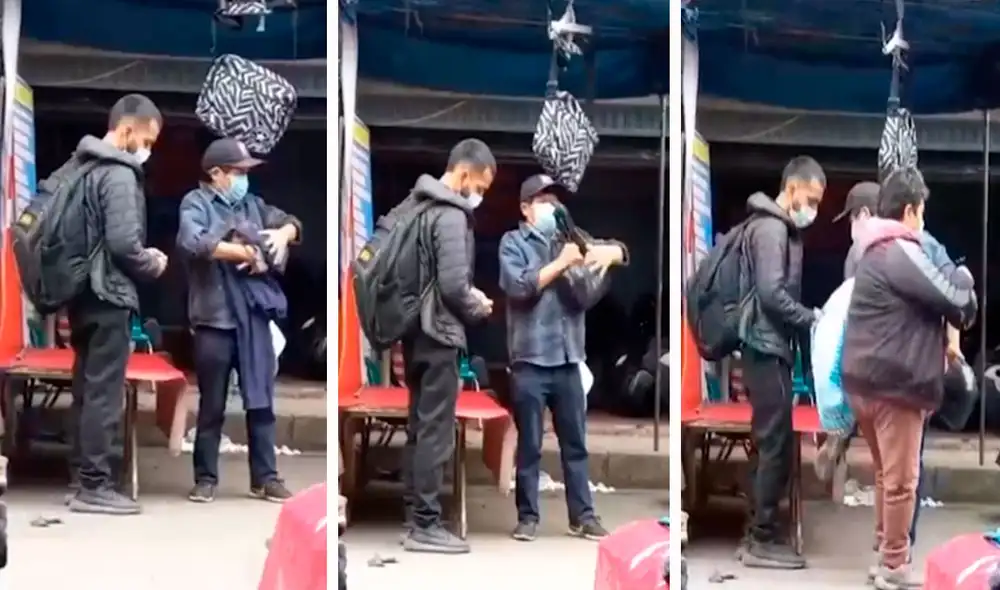 Un transeúnte captó el preciso momento en que el vendedor intercambió la bolsa de las zapatillas para engañar a su cliente. Foto: composición LR/TikTok Un transeúnte captó el preciso momento en que el vendedor intercambió la bolsa de las zapatillas para engañar a su cliente. Foto: composición LR/TikTok