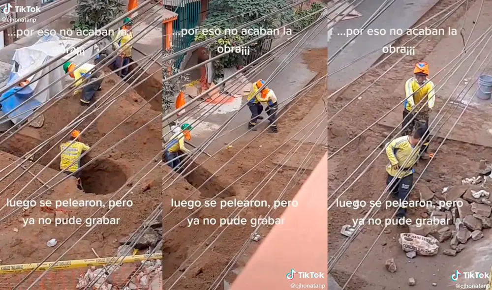Uno de los trabajadores empujó al otro a la tierra. Foto: composición LR/ @cjhonatanp/TikTok Uno de los trabajadores empujó al otro a la tierra. Foto: composición LR/ @cjhonatanp/TikTok