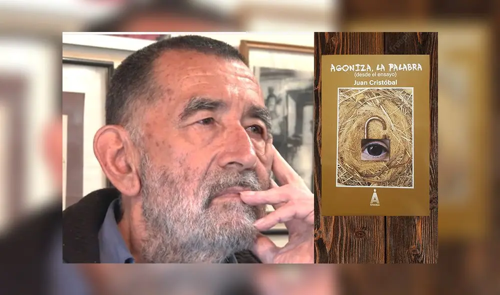 Poeta Juan Cristóbal. Al lado, portada de su reciente libro, "Agoniza, la palabra". Fotocomposición: La República.