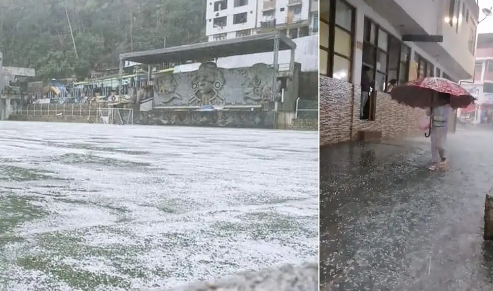 Campo de grass quedó cubierto de blanco, mientras que ciudadanos se resguardaron con el uso paraguas. Foto: Captura videos Facebook/Juvenal Jut-Juanita Idme