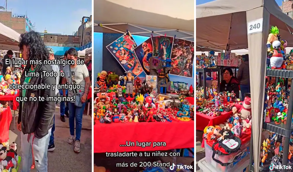 Desde taps hasta muñecos de dibujos antiguos son exhibidos en los stands de la feria más nostálgica de la capital. Foto: composición LR/TikTok/@nilydigital