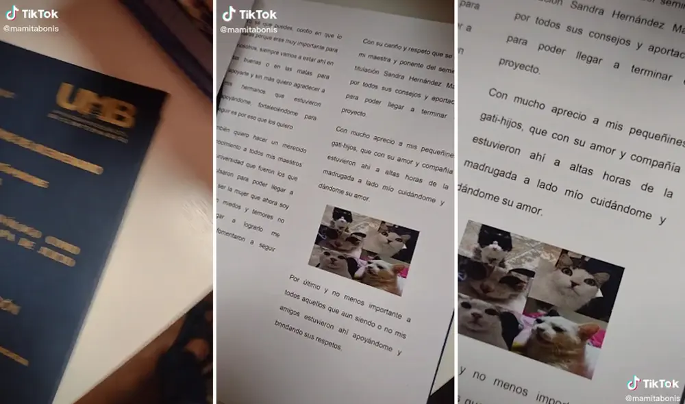 El particular mensaje de la joven representó un homenaje para sus mascotas por acompañarla en el proceso de su tesis. Foto: composición LR/captura de TikTok/@Mamitabonis