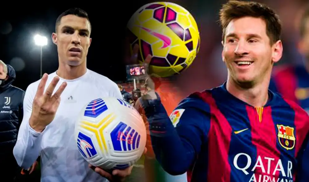 Cristiano Ronaldo y Lionel Messi con el balón luego de anotar un hat-trick. Foto: composición de Fabrizio Oviedo/La República