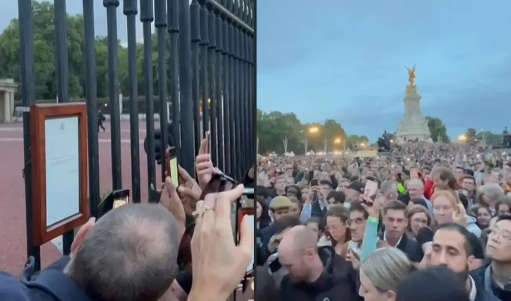 Gran multitud fuera del Palacio de Buckingham mientras se muestra el aviso oficial de la muerte de la reina Isabel II. Foto: composición AFP