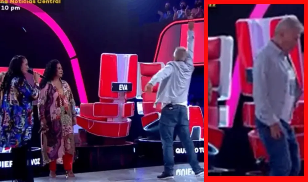 Raúl Romero acabó rompiendo un micrófono mientras Daniela Darcourt y Eva Ayllón cantaban. Foto: captura de "La voz senior Perú" Raúl Romero acabó rompiendo un micrófono mientras Daniela Darcourt y Eva Ayllón cantaban. Foto: captura de "La voz senior Perú"