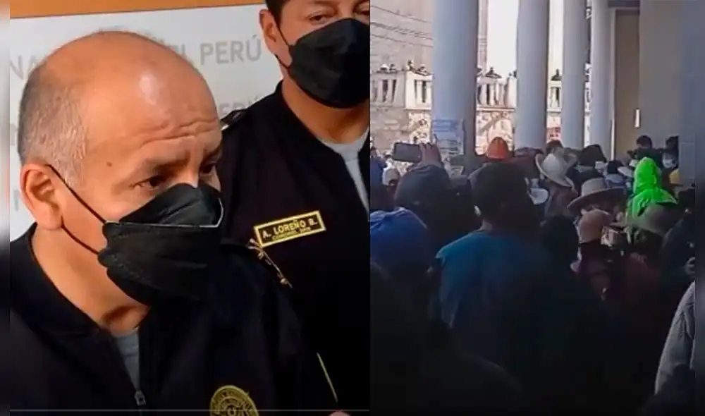 General Pedro Villanueva y manifestantes en la puerta de la municipalidad de Espinar. Foto: composición LR/