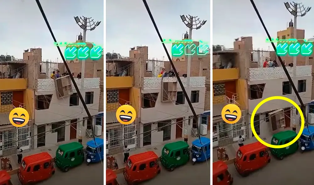 Un total de 5 hombres trataron de que el mueble llegara al primer piso, sin imaginar que nada saldría de acuerdo a lo planeado. Foto: composición LR/TikTok/@joseboutto6