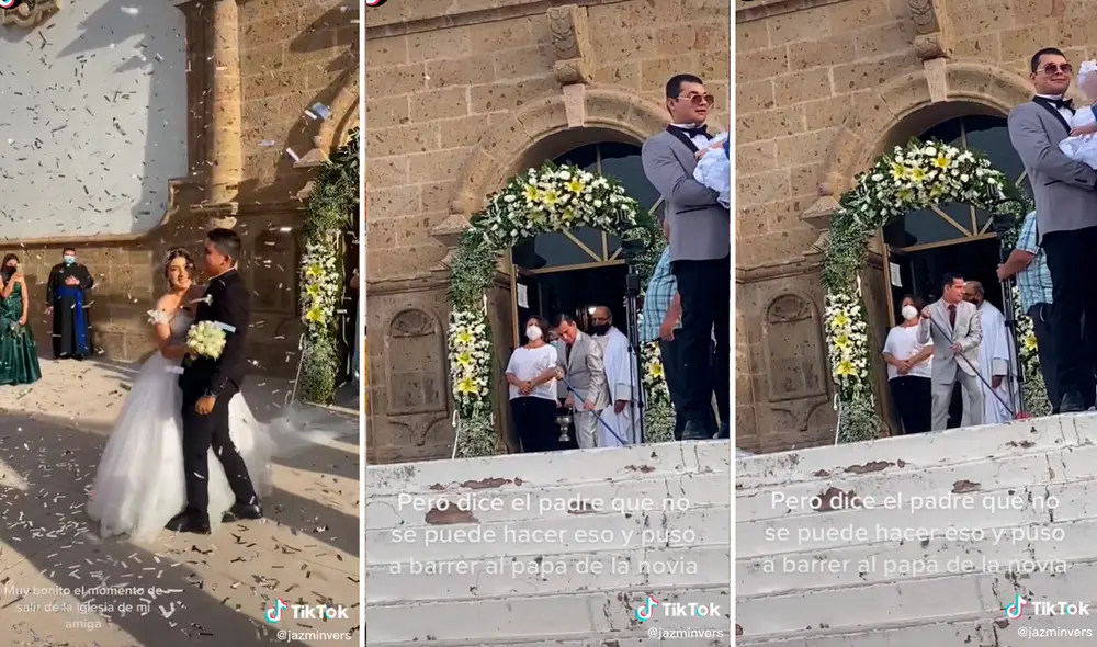 El papá de la novia comenzó a recoger el confeti lanzado en la puerta de la iglesia. Foto: composición LR/captura de TikTok/@Jazminvers