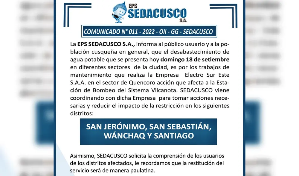 Comunicado de Sedacusco sobre corte imprevisto de agua potable. Foto: Sedacusco