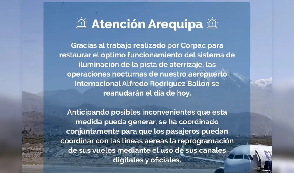 Reanudan vuelos nocturnos en Arequipa. Foto: Aeropuertos Andinos del Perú