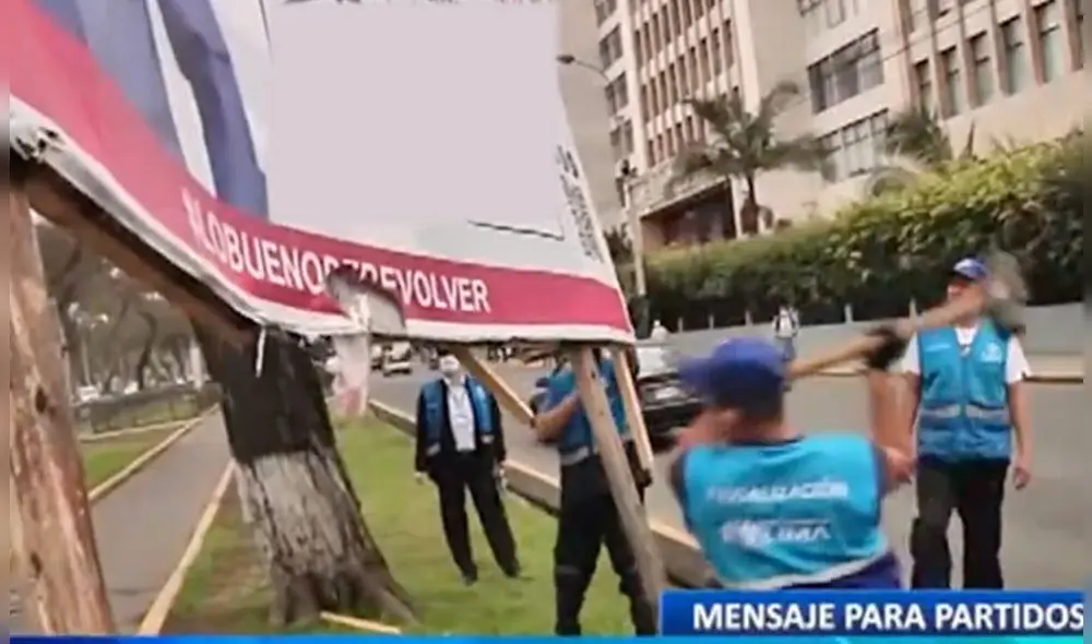 Representantes de los partidos políticos exigieron que sus carteles no fueran retirados. Foto: captura de Panamericana Representantes de los partidos políticos exigieron que sus carteles no fueran retirados. Foto: captura de Panamericana