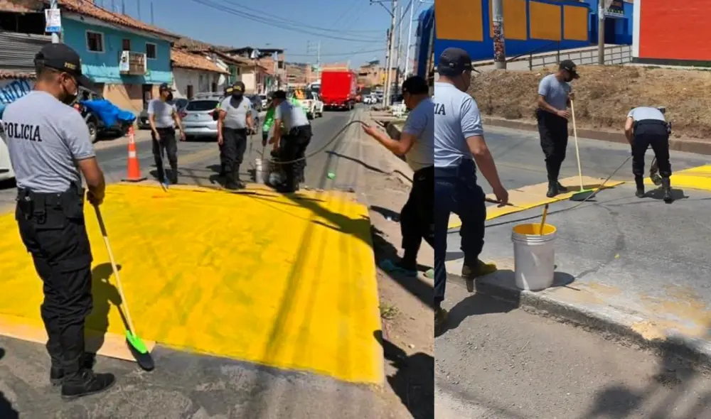 Policías repintan rompemuelles. Foto: PNP Policías repintan rompemuelles. Foto: PNP
