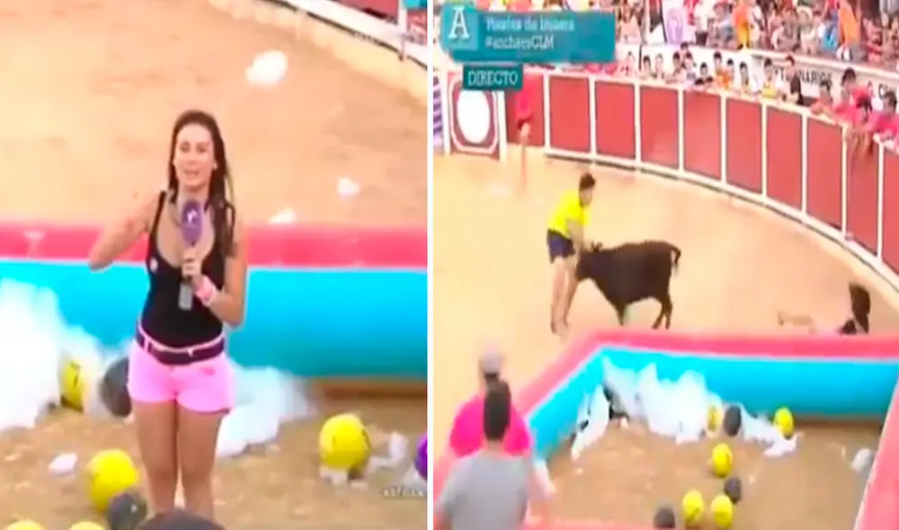 La periodista no imaginó que la vaquilla la iba a embestir durante su transmisión en vivo. Foto: composición LR/captura de Twitter/@Erramun2014 La periodista no imaginó que la vaquilla la iba a embestir durante su transmisión en vivo. Foto: composición LR/captura de Twitter/@Erramun2014