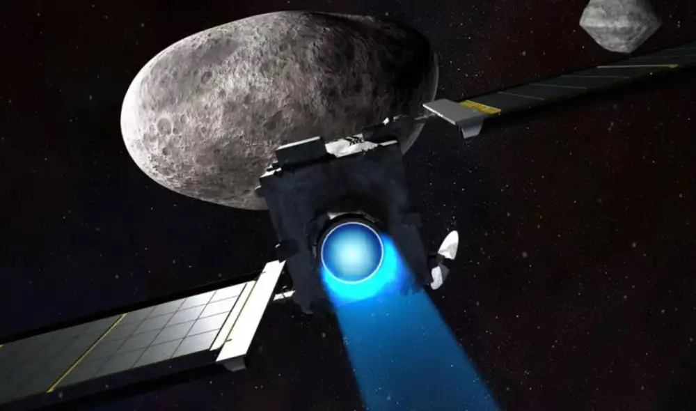 Ilustración de la nave DART de la NASA rumbo a estrellarse con el asteroide Dimorphos. Foto: NASA