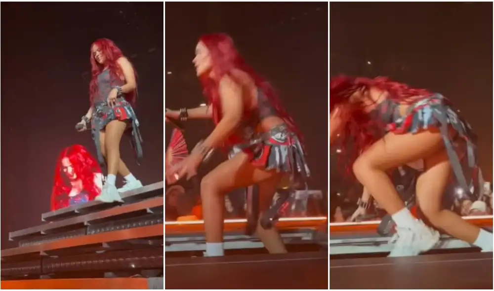 Karol G se levantó inmediatamente, demostrando que estaba bien y que no fue una caída como la del año pasado. Foto: composición LR/@lucimyromero/TikTok