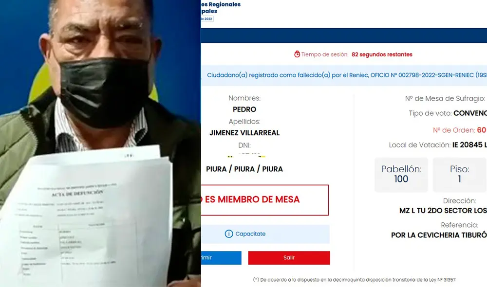 Piura: ciudadano está registrado como difunto en Reniec y no podrá votar este 2 de octubre. Foto: composición LR/RPP/RPP