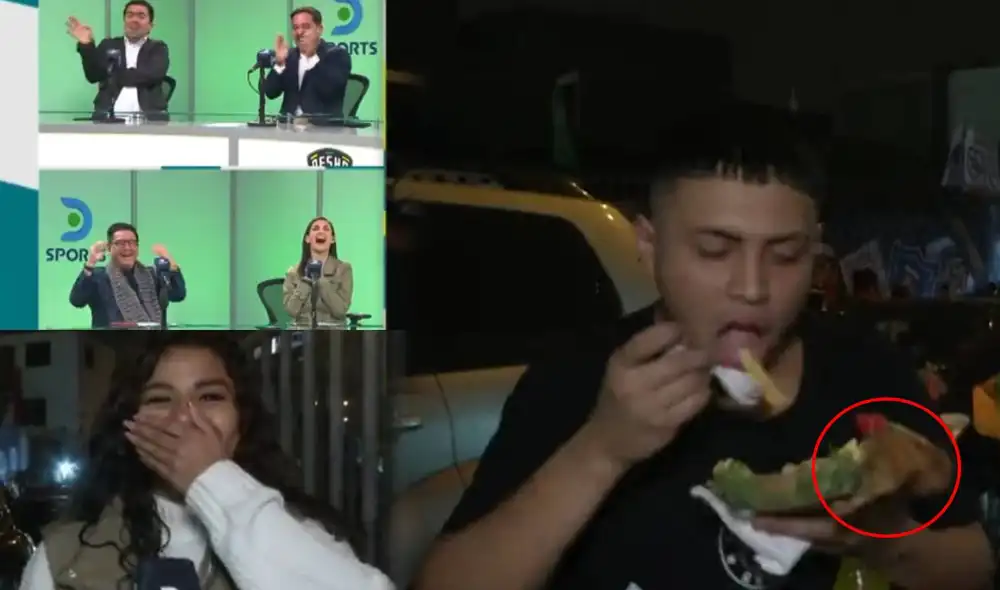 No aguantaron. Los periodistas no pudieron evitar las risas luego de que el hincha de Alianza Lima dejara caer su pollo al piso. Foto: composición LR/captura DirecTV Sports No aguantaron. Los periodistas no pudieron evitar las risas luego de que el hincha de Alianza Lima dejara caer su pollo al piso. Foto: composición LR/captura DirecTV Sports