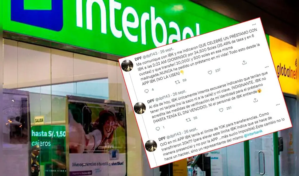 Pese a los reclamos que ha realizado hasta la actualidad, el usuario aseguró que Interbank solo se excusa en el hecho de que la persona que realizó el préstamo debió tener a la mano la tarjeta y la clave. Foto: composición LR/Facebook/captura de Twitter