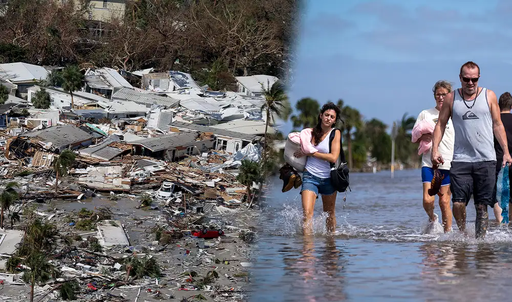 Personas cargan sus pertenencias mientras caminan por un vecindario inundado después del huracán Ian en Fort Myers, Florida. Foto: composición LR/AFP