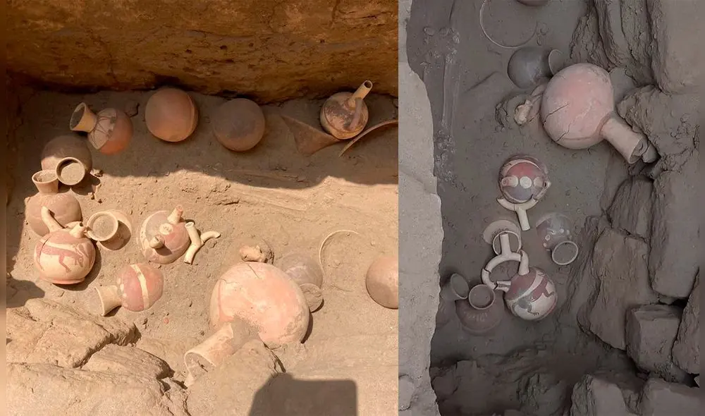En total se encontraron 24 vasijas que mantendrían los colores característicos rojo y blanco. Uno de los primeros cántaros extraídos está decorado con un ave. Foto: Huacas de Moche En total se encontraron 24 vasijas que mantendrían los colores característicos rojo y blanco. Uno de los primeros cántaros extraídos está decorado con un ave. Foto: Huacas de Moche