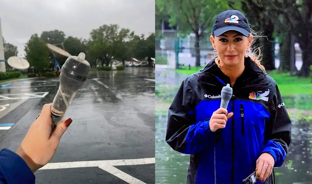 "Mucha gente pregunta qué hay en mi micrófono. Es lo que crees que es, es un preservativo. Ayuda a proteger el equipo", manifestó la periodista Kyla Galer. Foto: composición LR/Twitter/@ABC7Jeff "Mucha gente pregunta qué hay en mi micrófono. Es lo que crees que es, es un preservativo. Ayuda a proteger el equipo", manifestó la periodista Kyla Galer. Foto: composición LR/Twitter/@ABC7Jeff